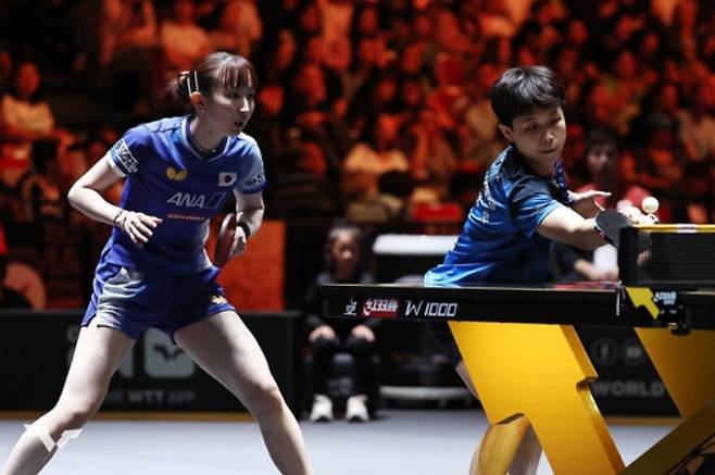 일본의 하야타와 여자복식 호흡을 맞춘 주천희(사진 오른쪽). WTT SNS 캡처