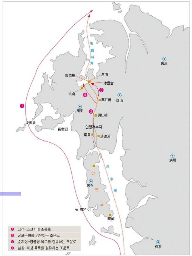 고려·조선시대 조운로와 굴포운하 운항로. 굴포운하와 의항운하 그리고 두 개의 창고를 짓고 중간에 우마차로 운송하는 노선이 표시되어 있다. (그래픽=서산문화원 '서산 천수만의 옛 모습' 인용)