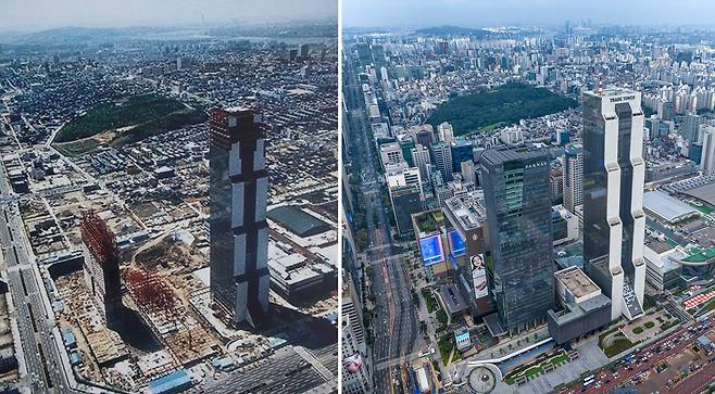 1987년 서울 삼성동 무역센터 건설 당시의 항공 사진(왼쪽)과 2025년 똑같은 각도로 담은 무역센터의 모습 / 조선일보 사진부