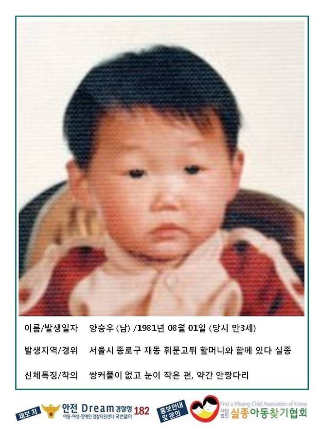 1981년 3월 1일 서울 종로구에서 실종된 양승우씨(현재 나이 47세)