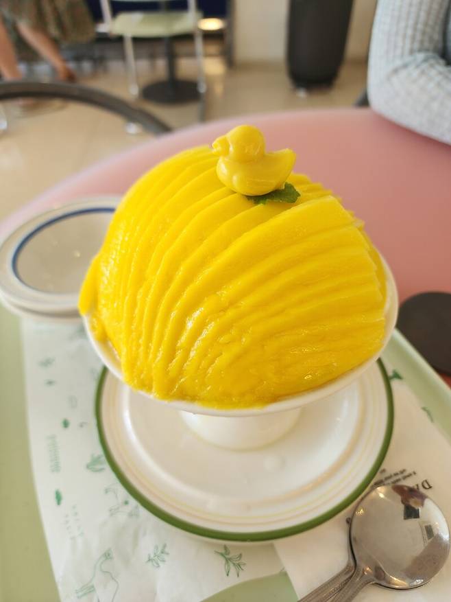 카페 데일리오아시스 동편마을점의 망고 빙수. 달달한 맛에 깜찍한 오리 초콜릿의 조화로 눈까지 즐겁다.