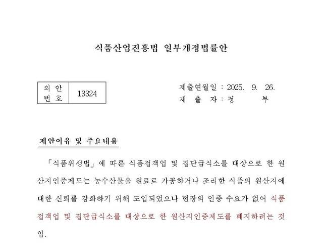정부가 발의한 식품산업진흥법 일부개정법률안. 나경원 의원 페이스북