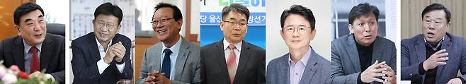 제9회 전국동시지방선거 울산시장 후보군. 국민의힘 김두겸 울산시장(왼쪽부터), 더불어민주당 이선호 대통령실 자치발전비서관·송철호 전 울산시장·성인수 울산대 명예교수·안재현 전 노무현재단 울산지역위원회 상임대표·김영문 전 관세청장, 진보당 김종훈 동구청장. /뉴스1