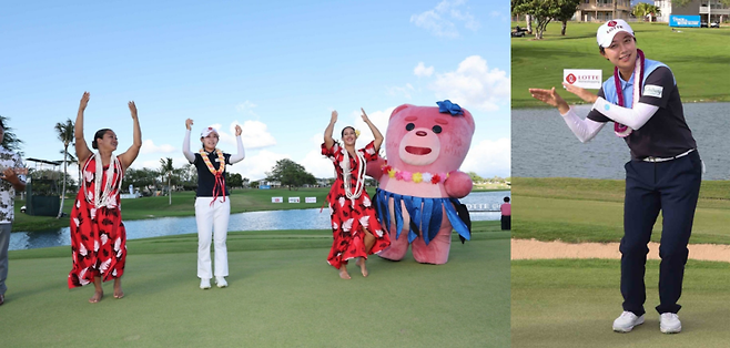 황유민이 LPGA투어 롯데챔피언십에서 우승한 뒤 전통에 따라 훌라춤을 추고 있다. 2022년 같은 대회에서 우승한 김효주. 황유민은 롤모델 김효주의 뒤를 이어 LPGA투어 직행 꿈을 이뤘다. 대홍기획 제공