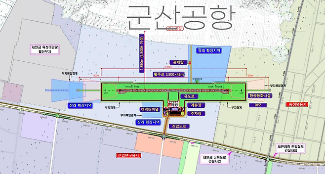 새만금공항 조감도. 군산공항 바로 서쪽으로 위치합니다. 그림에서 왼쪽 방향이 북쪽입니다. 자료 국토교통부