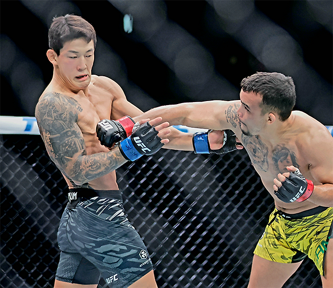 ‘좀비 주니어’ 유주상이 2025년 10월 미국 네바다주 패러다이스의 티모바일 아레나 UFC320 계약 체중 69.4㎏ Preliminary card 제3경기 다니에우 구스타부 곤자가 산투스에게 맞고 있다. 사진=AP=연합뉴스 제공