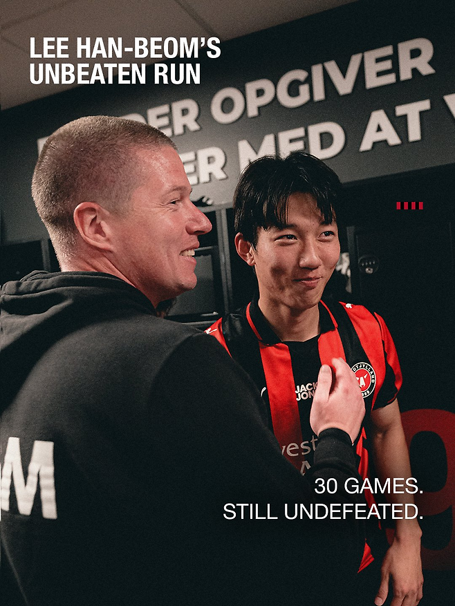 이한범이 지난달 30일 라네르스전에 풀타임 활약하며 미트윌란 커리어 30경기 연속 무패를 이어갔다. 미트윌란 SNS