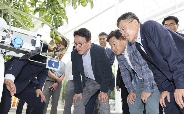 8일 김민석 국무총리가 전북특별자치도를 방문한 가운데 김제시 백구면 전북 김제 스마트팜 혁신밸리를 찾아 김관영 도지사와 청년 농업인의 창업 현장을 둘러보고 현장 목소리를 청취하고 있다./사진=전북도 제공