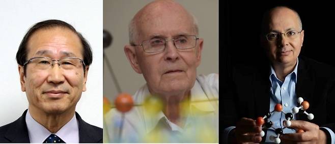 2025년 노벨 화학상을 수상한 기타가와 스스무 일본 교토대 명예교수, 리처드 롭슨 호주 멜버른대 교수, 오마르 야기 미국 버클리캘리포니아대(UC버클리) 교수(왼쪽부터). 위키미디어, 멜버른대 제공.