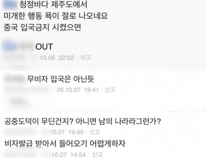 온라인 커뮤니티에 게시된 관련 글의 댓글 일부. “입국 금지해야 한다”, “비자 다시 받아서 오게 하자” 등 비난 여론이 확산되는 모습이다. (편집본·온라인 커뮤니티 캡처)