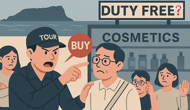 면세 쇼핑 매장을 배경으로 단체관광객에게 강매를 요구하는 가이드를 이미지화한 삽화. 구체적인 면세점 형태는 확인되지 않았다. 관광 강매 논란과 신뢰 위기를 상징적으로 표현했다. (편집 이미지)