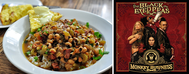 왼쪽은 블랙 아이드 피를 이용한 미국 남부 소울푸드 호핑 존(Hoppin’ John). 그리고 그 소울푸드에서 그룹명을 따온 힙합 그룹 블랙 아이드 피스. 알기 쉽게 비유하자면 전세계적으로 인기를 끈 한국 힙합 그룹의 이름이 ‘the 청국장’ 혹은 ‘the 파주 장단콩’인 셈이다. 이게 본토 힙합의 패기다. [사진 출처=블랙 아이드 피스·Ser Amantio di Nicolao/위키피디아]