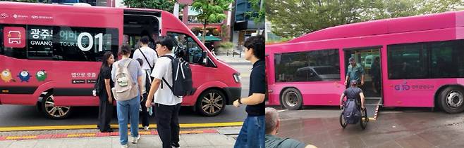 광주광역시가 시민들의 주요 관광지 접근·편의성 제고를 목표로 지난 9월부터 오는 11월까지 한시적으로 이용되는 디지털 호출형(DRT) 투어버스 '광주투어버스'를 운영한다. 사진은 광주투어버스를 이용하고 있는 시민들의 모습. /광주시 제공