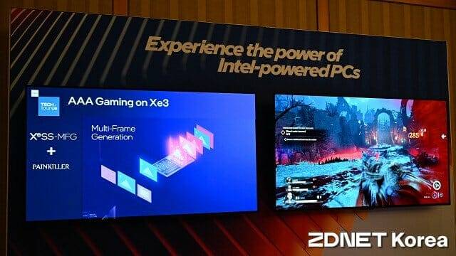 게임 '페인킬러 리바이벌'에 적용된 XeSS-MFG 기술 시연. (사진=지디넷코리아)