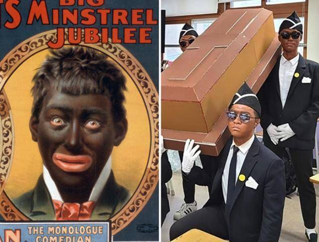 대표적인 인종차별적 행위인 블랙페이스의 원조, 19세기 민스트럴쇼 포스터(왼쪽)와 의정부고의 '관짝소년단' 패러디 졸업사진. 미 의회도서관·페이스북 캡처