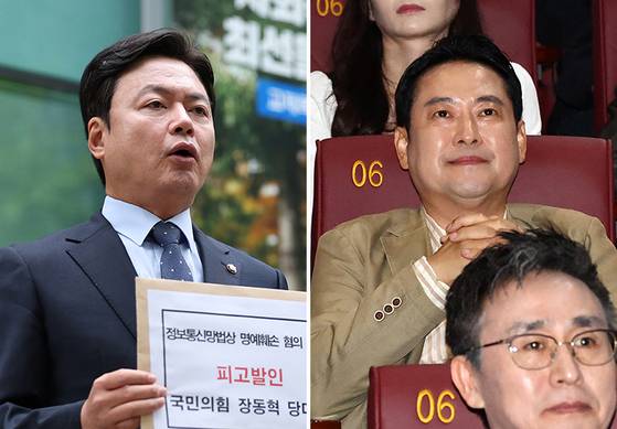 지난 7일 더불어민주당 김현정 의원이 이재명 대통령을 비판한 장동혁 국민의힘 대표를 정보통신망법상 명예훼손 혐의로 경찰에 고발하며 입장을 밝히고 있다(왼쪽 사진). 같은 날 장 대표가 서울 영등포구의 한 영화관에서 영화 ‘건국전쟁 2’를 관람하고 있다. [뉴스1·뉴시스]