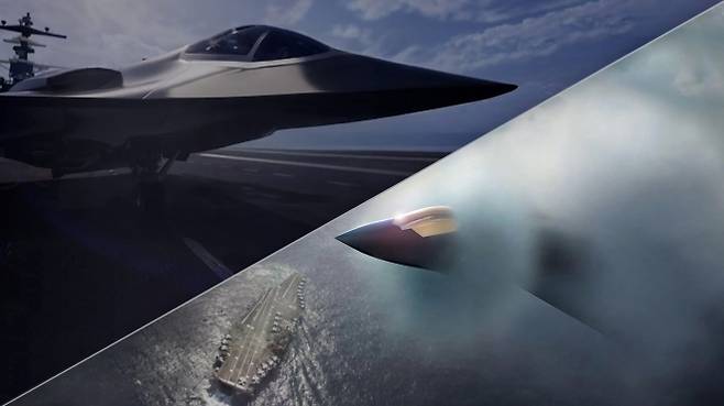 미 해군 차세대 함재기 ‘F/A-XX’ 사업자 선정 경쟁에 나선 두 업체의 기체 콘셉트 이미지. 왼쪽은 노스럽, 오른쪽은 보잉. 출처=노스럽 그러먼·보잉