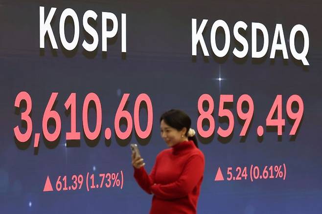 10일 오후 서울 여의도 한국거래소 전광판에 지수가 표시되고 있다. ⓒ뉴시스