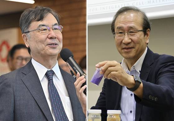 일본의 올해 노벨 과학상 수상자인 사카구치 시몬 오사카대 석좌교수(왼쪽,생리의학상)와 기타가와 스스무 교토대 특별교수(화학상). [AFP·AP=연합뉴스]