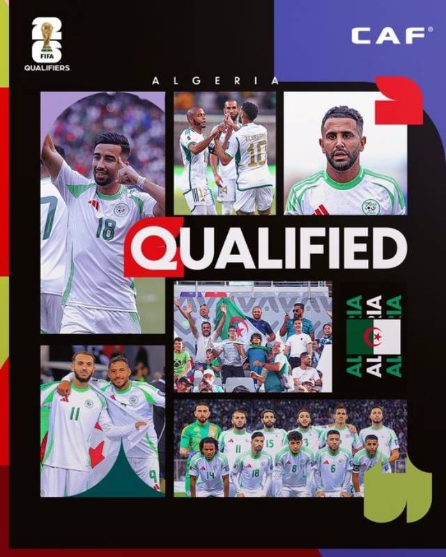 알제리는 10일(한국시간) 알제리 오랑 미루듯 하데피 올림픽 콤플렉스에서 열린 2026 북중미월드컵 아프리카 예선 G조 조별리그 9차전 소말리아와의 맞대결에서 3-0으로 이겼다. 이번 승리로 북중미월드컵 티켓을 획득했다. 우간다가 바짝 추격하고 있었으나 소말리아를 잡아내며 승점차를 4점으로 벌렸고 이로 인해 최종전 결과와 상관없이 1위 확정, 월드컵 진출에 성공했다. 사진=X