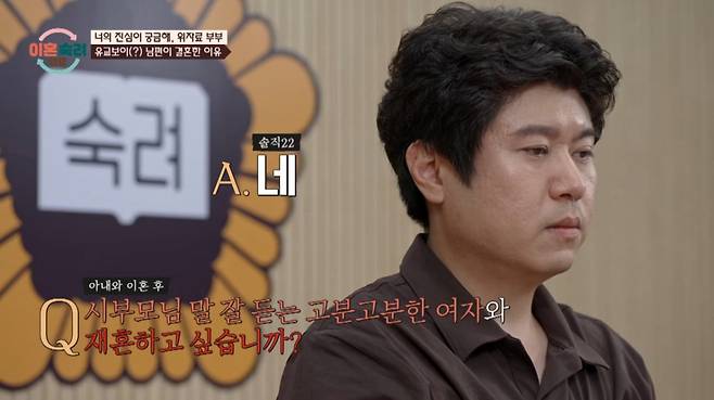 이혼숙려캠프에 참여한 '위자료' 남편이 이혼 전에 재혼을 언급해 충격을 자아냈다. /사진=JTBC '이혼 숙려 캠프' 캡처