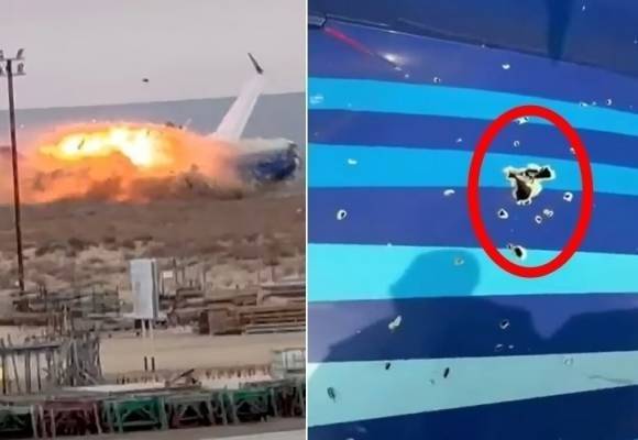 지난해 12월 25일 오전 아제르바이잔 수도 바쿠를 출발해 러시아 연방인 체첸공화국의 그로즈니로 가던 아제르바이잔 항공 J2 8343편 여객기가 카자흐스탄 서부 악타우시 인근에서 추락해 최소 38명이 사망했다(왼쪽, east2west 뉴스 캡처), 사고 동체에서 발견된 의심스러운 구멍들(오른쪽, 데일리메일 영상 캡처)