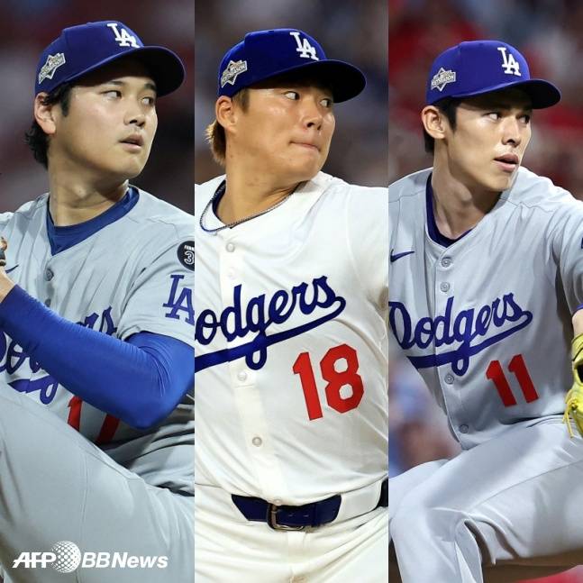왼쪽부터 LA 다저스의 오타니 쇼헤이, 야마모토 요시노부, 사사키 로키. /AFPBBNews=뉴스1