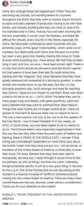 도널드 트럼프 미국 대통령이 10일(현지시간) 소셜미디어 ‘트루스소셜’에 게재한 중국의 희토류 수출 통제 조치에 대한 입장문.(트럼프 트루스소셜) ⓒ News1