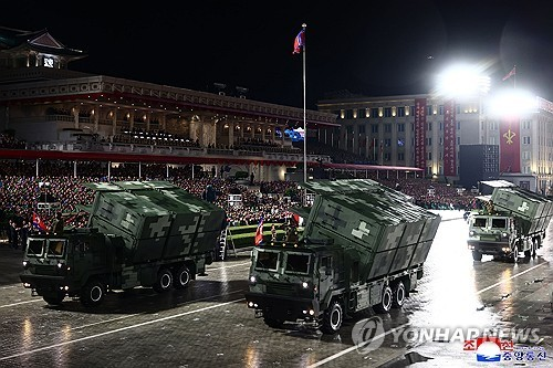 지난 10일 김일성광장에서 노동당 창건 80주년 경축 열병식이 성대히 거행됐다고 조선중앙통신이 11일 보도했다. 사진은 자폭 드론 발사 차량.     [평양 조선중앙통신=연합뉴스]