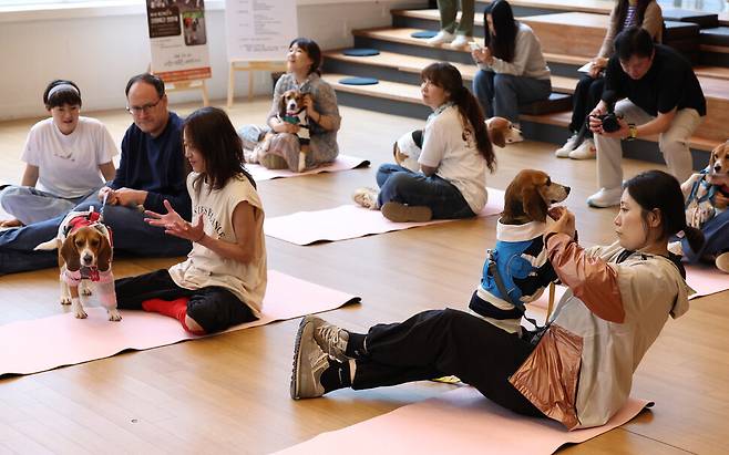 제2회 실험 비글 입양제가 열린 11일 오후 서울 중구의 행사장에서 참석자들이 요가 매트 위에 앉아 강아지 마사지 수업을 듣고 있다. 김영원 기자 forever@hani.co.kr