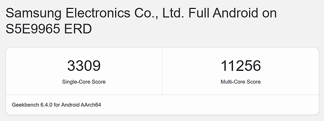 최근 글로벌 성능 실험 기관인 긱벤치에 따르면 엑시노스2600으로 추정되는 AP는 싱글코어 3309점, 멀티코어 1만1256점으로 퀄컴의 차세대 AP ‘스냅드래곤 8 엘리트 2세대’와 비슷한 성능을 갖춘 것으로 알려졌다. [긱벤치 캡처]