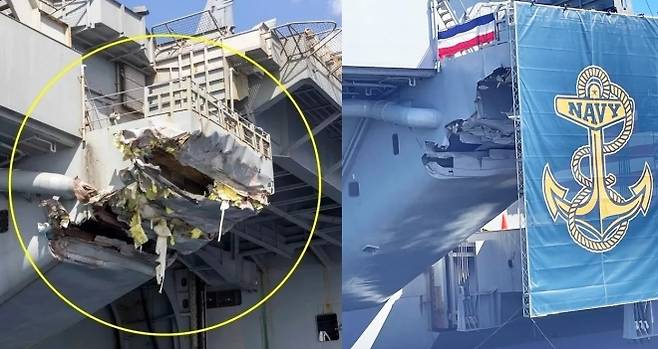 지난 2월 화물선 충돌사고를 입은 트루먼 호(왼쪽)와 지난 5일 기념행사에서 현수막으로 손상 부분이 가려진 모습. 미 해군 제공
