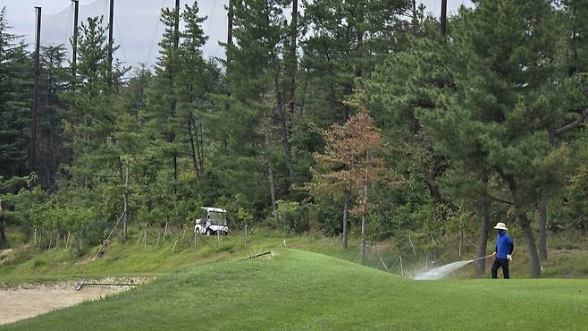 보문골프클럽 관계자가 지난 10일 골프장 잔디에 농약을 뿌리고 있다./황성호 기자
