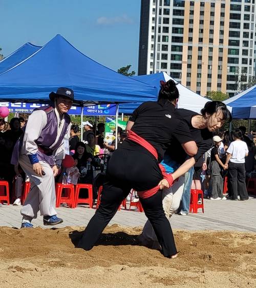 ▲ 구미시 고아읍 들성생태공원 여우광장에서 열린 고아읍민 씨름대회에 출전한 여자선수들이 온힘을 다해 경기를 펼치고 있다. 이봉한기자