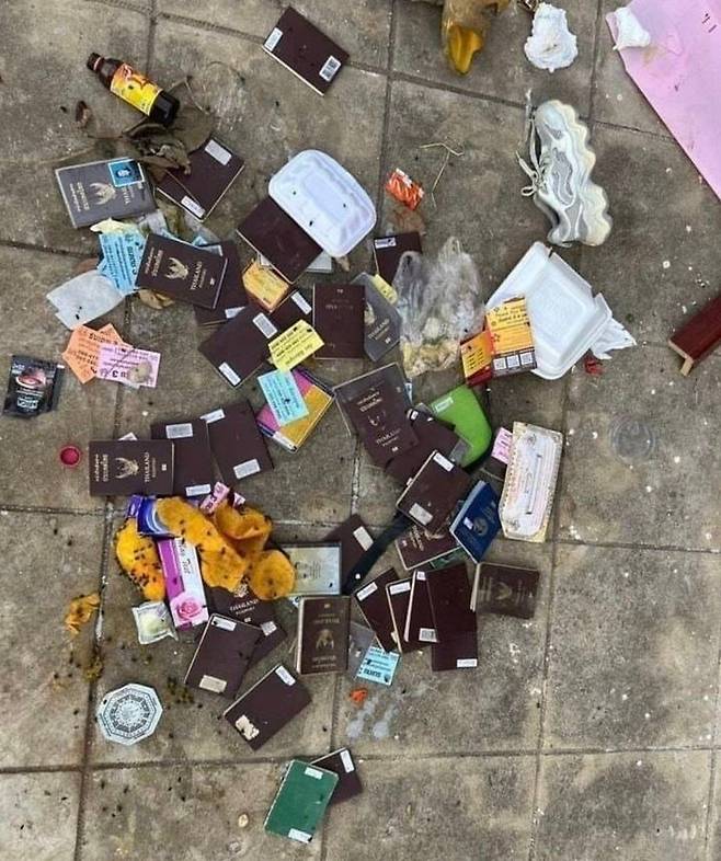 캄보디아의 한 쓰레기통에서 외국인 여권이 다수 발견된 사진이 공개돼 충격을 주고 있다. 온라인커뮤니티 캡처