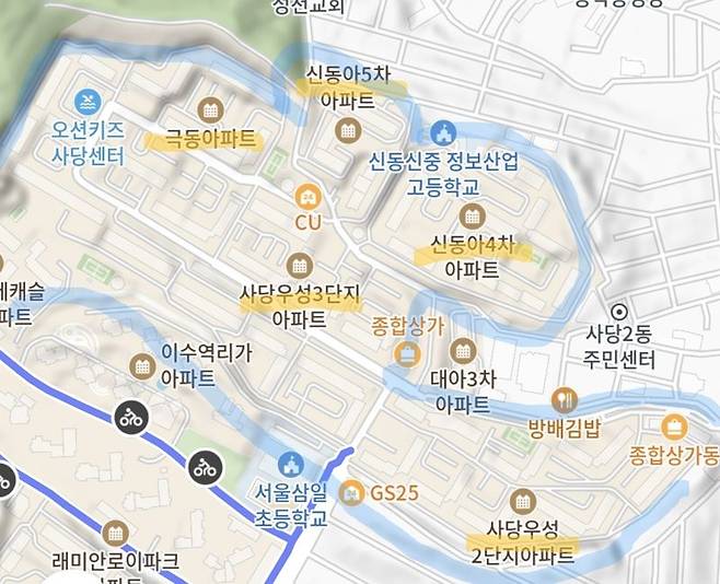 서울 동작구 사당동 우·극·신(우성2·3단지, 극동, 신동아4차)과 신동아5차 위치도. 카카오맵 갈무리