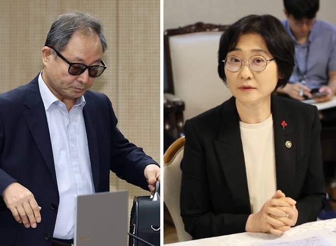 한석훈 국민연금 기금운용위 상근 전문위원이 9월8일 인권위 전원위원회에 참석하고 있다(왼쪽). 오른쪽은 이스란 보건복지부 제1차관. 류우종 기자 wjryu@hani.co.kr, 연합뉴스