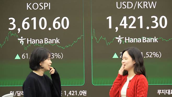 서울 중구 하나은행 본점에서 직원들이 주가 및 환율 전광판 앞에 서있다. [연합]