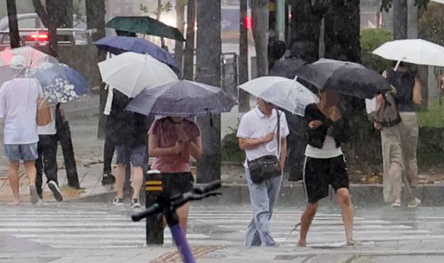 비가 내리는 16일 오후 경기도 고양시내에서 시민들이 우산을 쓰고도 흠뻑 젖은 채 횡단보도를 건너고 있다. 연합뉴스
