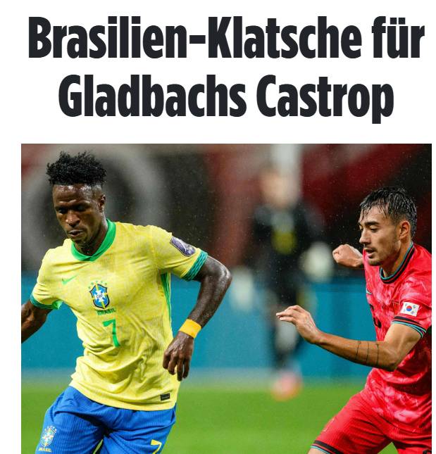 대한민국 국가대표 미드필더 옌스 카스트로프의 브라질전 출전 소식을 전한 독일 매체. /사진=독일 빌트 갈무리