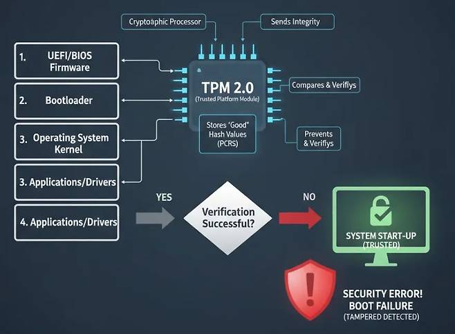 Cryptoaphic Processor Sends Integrity 1 UEFIBIOS Firmware TPM 20 Compares  Verifiys 2 Bootloader Trusted Platform Module Stores Good Operating Hash Values Prevents 3 System PCRS  Veriffys Kernel 3 ApplicationsDrivers YES NO Verification 4 ApplicationsDrivers Successful SYSTEM STARTUP TRUSTED SECURITY ERROR BOOT FAILURE TAMPERED DETECTED