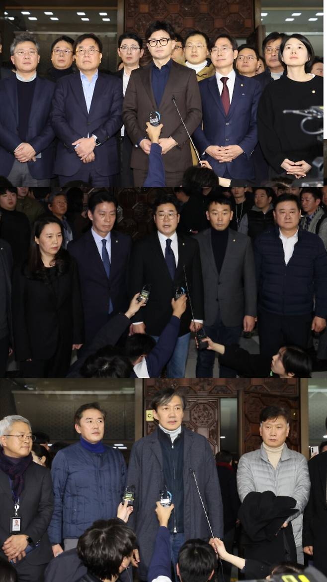 지난해 12월4일 한동훈 국민의힘 대표, 박찬대 더불어민주당 원내대표, 조국 조국혁신당 대표가 계엄 해제 요구 결의안 가결 뒤 각각 공식 브리핑을 하고 있다(사진 위부터). 신소영 기자 viator@hani.co.kr
