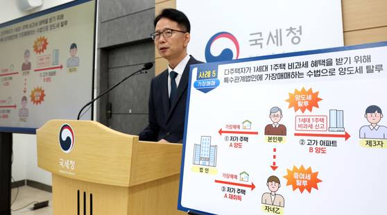 박종희 국세청 자산과세국장이 1일 세종시 정부세종청사 국세청에서 편법 증여 등 부동산거래 탈세혐의자 세무조사 착수에 대한 브리핑을 하고 있다. 국세청은 '한강벨트' 등 초고가주택에 거래, 외국인·연소자 등에 대한 전수 검증을 실시하여 편법 증여 등 탈루혐의가 있는 총 104명에 대해 세무조사를 착수한다고 밝혔다. 뉴스1