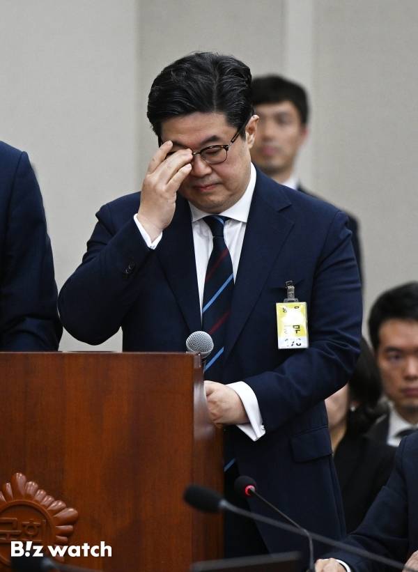 김병주 MBK파트너스 회장이 14일 오후 서울 여의도 국회에서 열린 정무위원회 국정감사에 증인으로 출석하고 있다./사진=이명근 기자 qwe123@