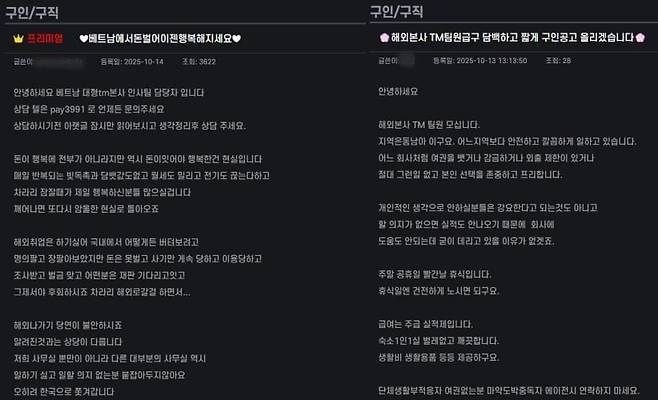 불법 구인구직 온라인 카페 '하데스카페'에 올라온 동남아 구인글 /하데스카페 캡처