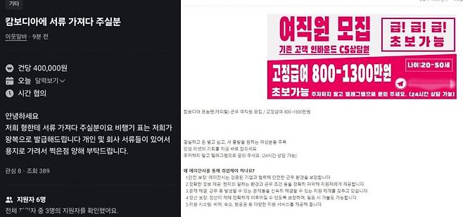 중고 플랫폼과 온라인 게시판에 올라온 동남아 관련 구인구직글 /온라인 캡처