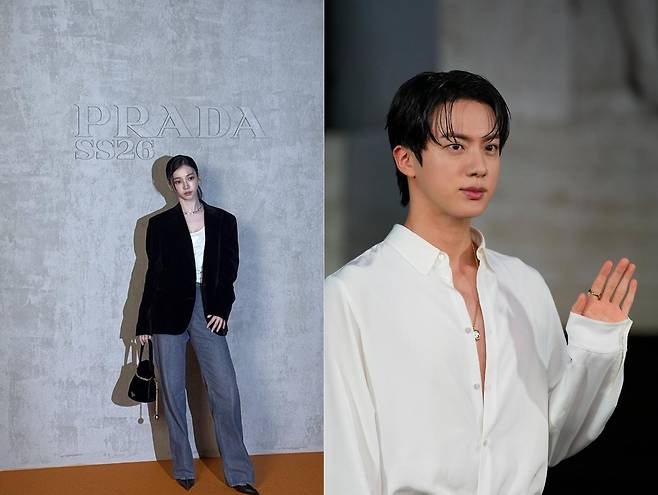 패션위크에 참석한 에스파 카리나(왼쪽)와 방탄소년단 진. [사진=스포츠동아]