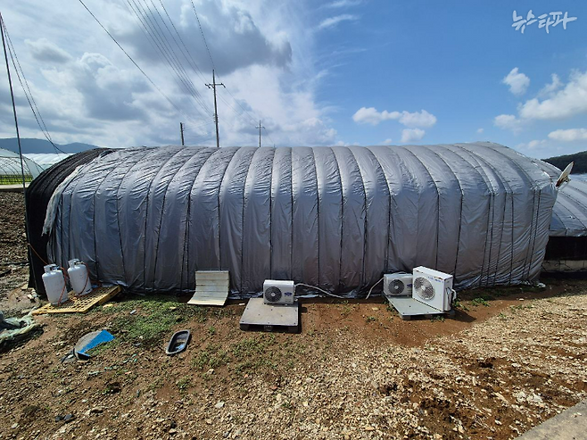 경기도 포천시 농촌에 있는 비닐하우스 기숙사. 외부에 설치된 실외기와 통신 안테나 등으로 이곳이 이주노동자들에게 제공된 불법 기숙사임을 알 수 있다. 2025년 고용노동부 실태 조사 결과에 따르면 포천시 농업지역에만 90여 개 불법 기숙사가 있는 것으로 확인됐다.