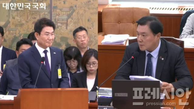 ▲14일 오후 국회 문체위 국정감사장에서 공방을 벌이는 노관규 순천시장(왼쪽)과 조계원 국회의원(여수시 을).ⓒ국회 홈페이지