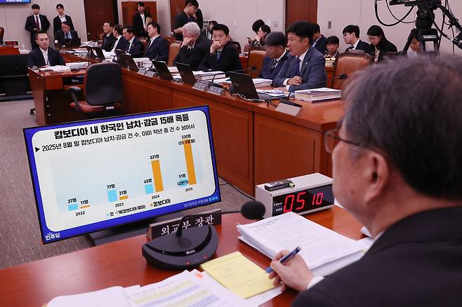 조현 외교부 장관이 지난 13일 서울 여의도 국회에서 열린 외교통일위원회 국정감사에서 캄보디아 내 한국인 범죄 피해와 관련해 더불어민주당 윤후덕 의원의 질의를 받고 있다. 연합뉴스